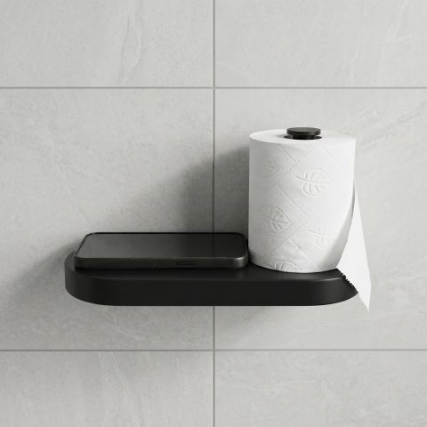 Modern Toilet Roll Holder with Integrated Phone Shelf - Matte Black - Image 2
