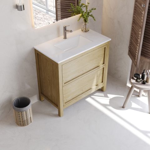 Oakstone 900mm Solid Wood Floor-Standing Vanity - Hampton Collection - Natural Oak - Image 3