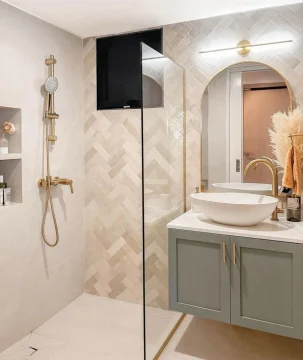 A wall-hung bathroom vanity in pastel colours