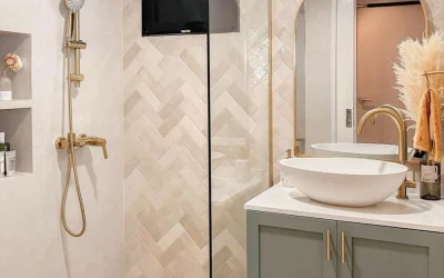 A wall-hung bathroom vanity in pastel colours