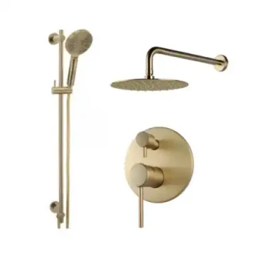A brushed gold shower head set available at Danik Bathroomware