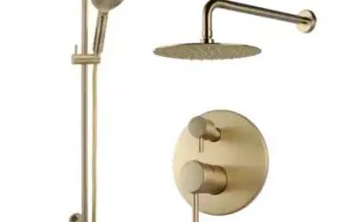 A brushed gold shower head set available at Danik Bathroomware