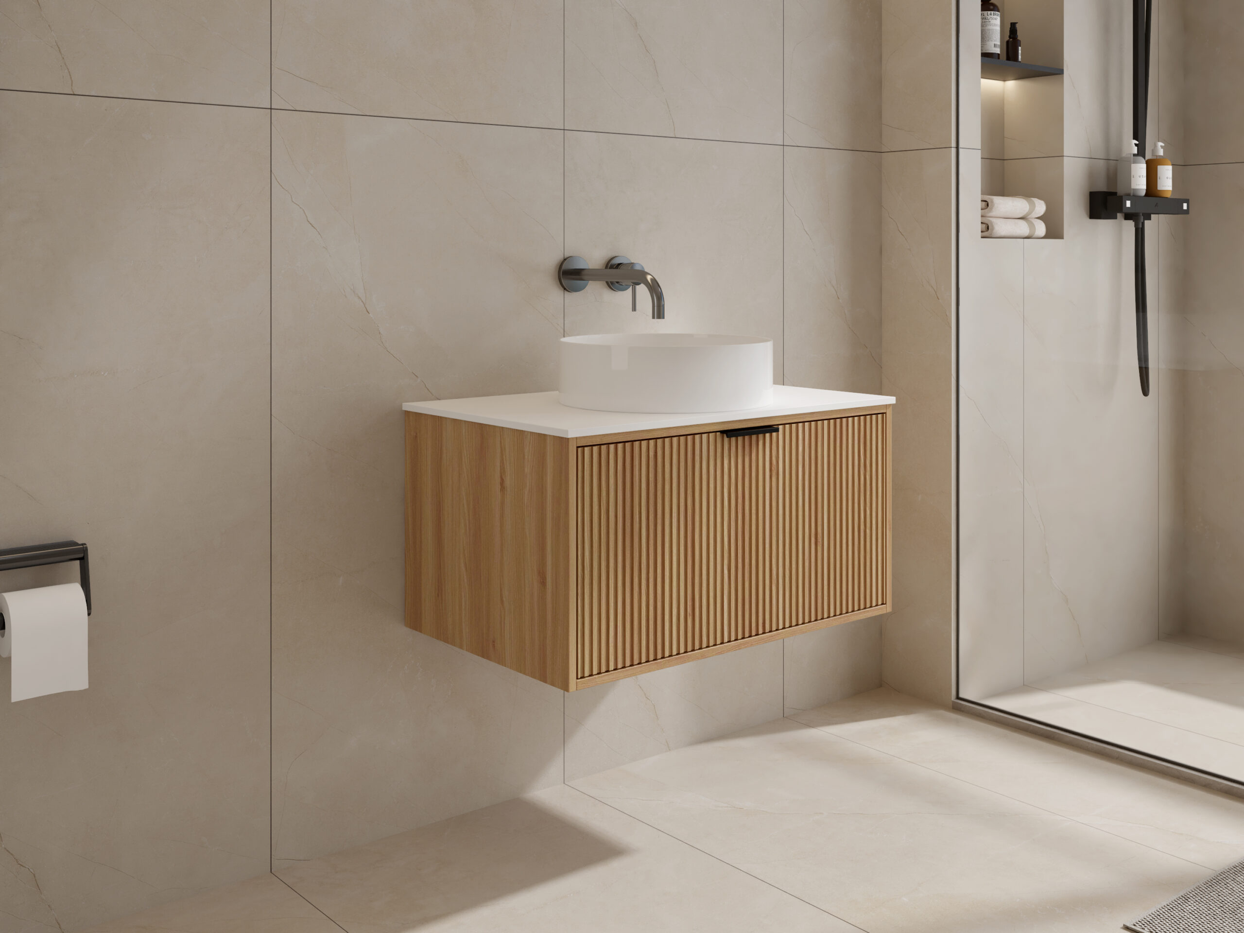 Modern bathroom with wooden floating vanity and round sink.