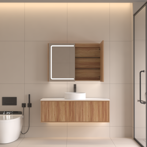 Lumina 1000mm Front & Bottom-Lit LED Mirror Cabinet with Sensor & Demister – Acacia - Image 2