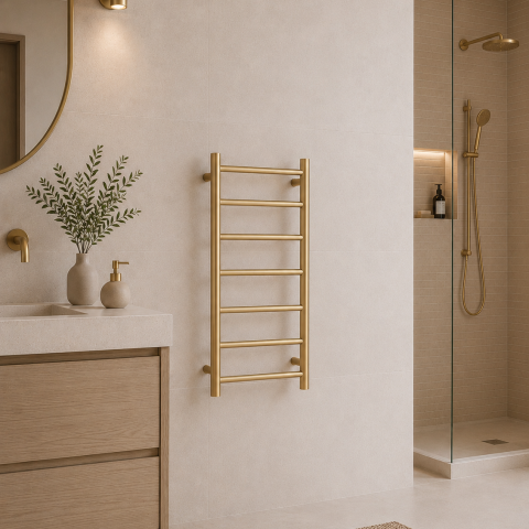 7 Bar Round Profile Heated Towel Rail – Brushed Gold - Image 2