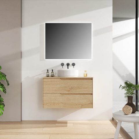 Wai 900mm Timber Top Wall-Hung Vanity - Honey Oak - Image 2
