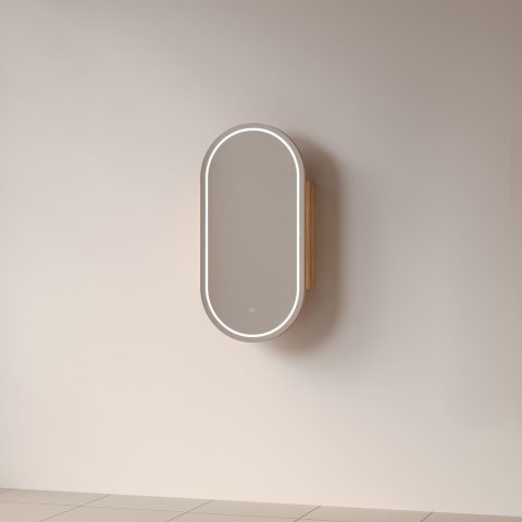 LUMI 450mm Front-Lit Pill LED Mirror Cabinet with Sensor & Demister - Acacia - Image 2