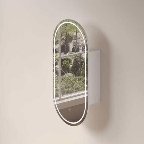 LUMI 450mm Front-Lit Pill LED Mirror Cabinet with Sensor & Demister - Matte White - Image 3