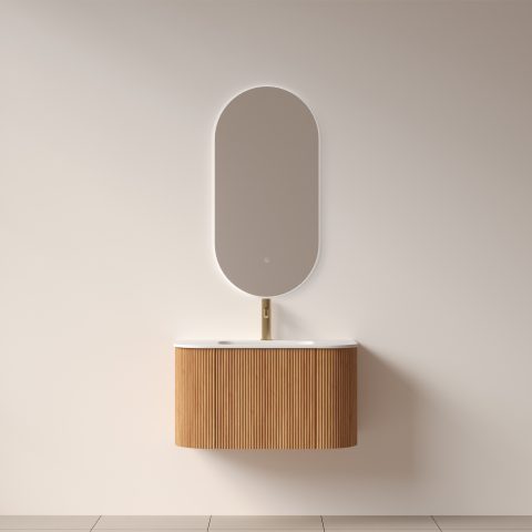 LUMI 450mm Front-Lit Pill LED Mirror Cabinet with Sensor & Demister - Acacia - Image 2