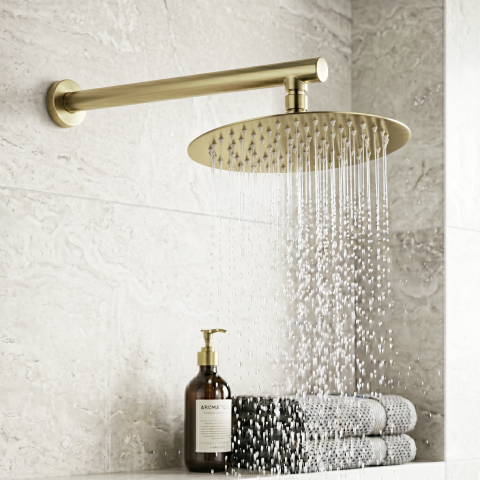 Milo 250mm Round Rainfall Shower Head with 400mm Arm - Brushed Gold - Image 4