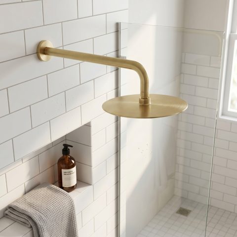 Milo 250mm Round Rainfall Shower Head with 400mm Arm - Brushed Gold - Image 2