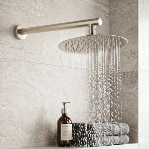 Milo 250mm Round Rainfall Shower Head with 400mm Arm - Brushed Nickel - Image 4
