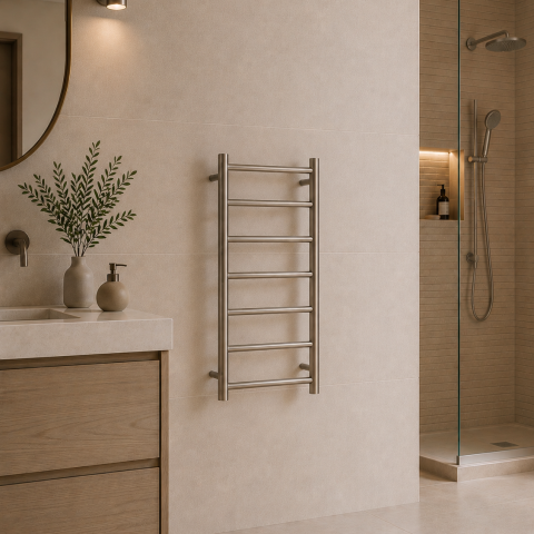 7 Bar Round Profile Heated Towel Rail – Brushed Nickel - Image 2