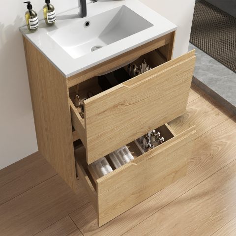 Wai 600mm Slimline Floor-Standing Vanity - Honey Oak - Image 5