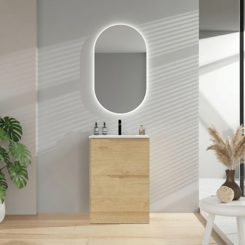 Wai 600mm Slimline Floor-Standing Vanity - Honey Oak - Image 2