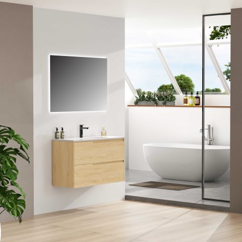 Wai 900mm Slimline Wall-Hung Vanity - Honey Oak - Image 3