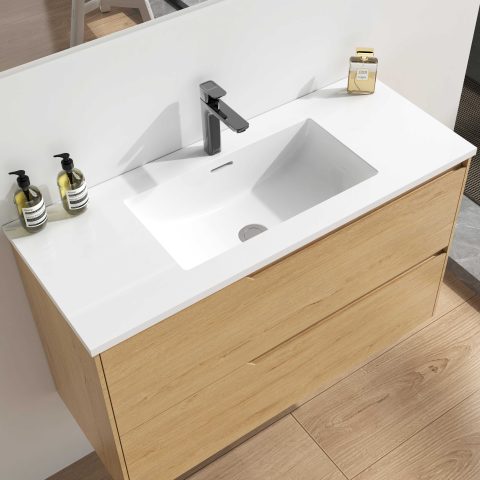 Wai 900mm Slimline Wall-Hung Vanity - Honey Oak - Image 4
