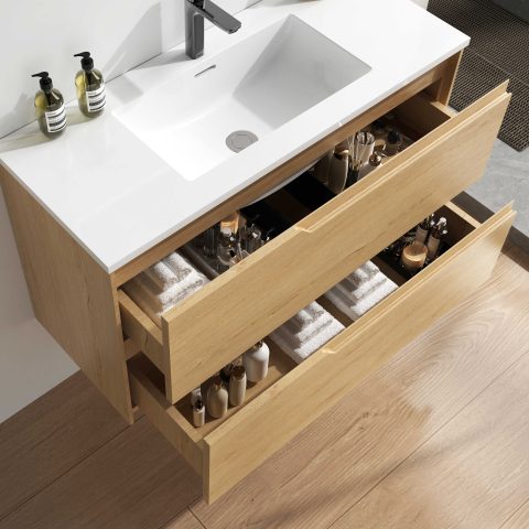 Wai 900mm Slimline Wall-Hung Vanity - Honey Oak - Image 5